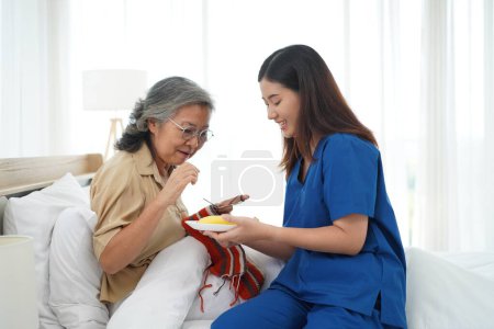 Photo for Asian senior woman sitting on bed in bedroom and crocheting in a handicraft as a hobby or occupational therapy, Young female caregiver give fresh fruit for her to eating at home or nursing home - Royalty Free Image