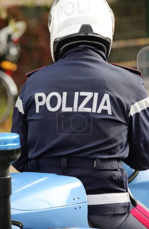 Photo for Vicenza, VI, Italy - October 9, 2022: policeman motorcyclist and text POLIZIA which means POLICE in Italian language - Royalty Free Image