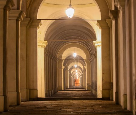 Photo for Ancient arcades leading to the Basilica called DI MONTE BERICO in the City of Vicenza in Northern Italy at night - Royalty Free Image