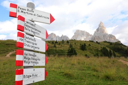 Photo for Cartel of the path in the mountains with the locations written in Italian language in northern Italy - Royalty Free Image