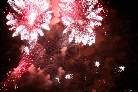 Foto de Explosiones coloridas de fuegos artificiales enormes durante las festividades en la noche - Imagen libre de derechos