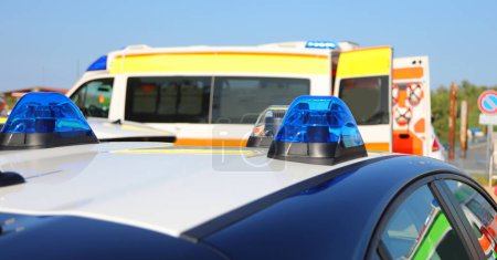 Photo for Blue siren of a police car after the road accident - Royalty Free Image
