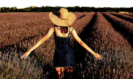 Foto de Niña en vestido corto de mezclilla y sombrero de paja camina en medio del campo floreciente de flores de lavanda en verano al atardecer - Imagen libre de derechos