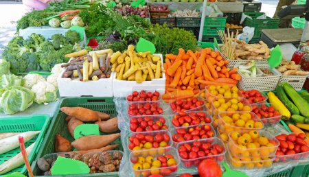 Foto de Agricultor cosechó caja de frutas orgánicas con tomates y zanahorias de varios colores en el mercado de Europa del Este - Imagen libre de derechos
