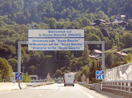 Photo for Large road sign of the road that leads from France to Italy passing under Mont Blanc - Royalty Free Image