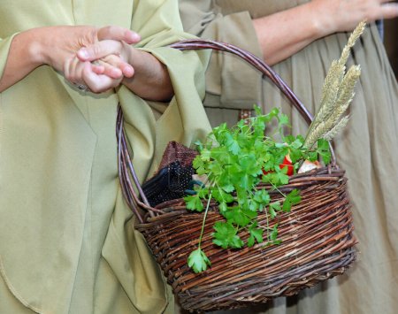 Photo for Woman with medieval clothes carrying a basket of parsley and ears of wheat during historical reenactment - Royalty Free Image