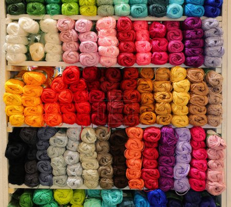 Photo for Balls of wool or cotton fabric for sale in the shop - Royalty Free Image