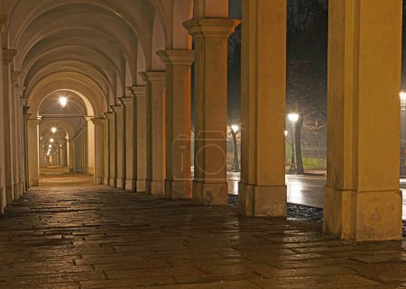 Photo for Vicenza, VI, Italy - January 15, 2023: Night view of PORTICI DI MONTEBERICO famous landmark in Veneto Region without people - Royalty Free Image