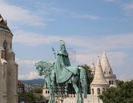 Photo for Budapest, B, Hungary - August 18, 2023:horse riding statue of stephen i first king of Hungary in fishermans bastion - Royalty Free Image