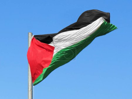 Téléchargez les photos : Drapeau palestinien agitant dans le ciel bleu - en image libre de droit