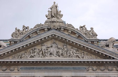 Photo for Brussels, B, Belgium - August 19, 2022: Detail of Palace of Stock Exchange and statues of Facade - Royalty Free Image