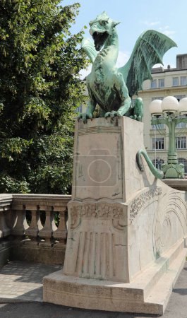 Photo for Ljubljana, L, Slovenia - August 16, 2023: Statue of Dragon symbol of the city in the Bridge of Dragons - Royalty Free Image