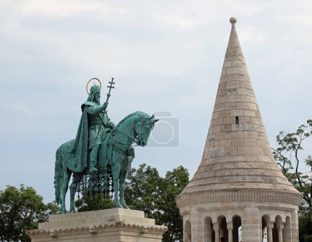 Photo for Budapest, B, Hungary - August 18, 2023: horse riding statue of stephen i first king of Hungary in fisherman s bastion - Royalty Free Image