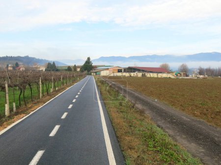 Téléchargez les photos : Longue piste cyclable nouvellement asphaltée au milieu de la plaine sans personnes - en image libre de droit