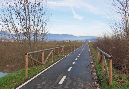 Téléchargez les photos : Longue piste cyclable asphaltée au milieu de la plaine sans personnes - en image libre de droit