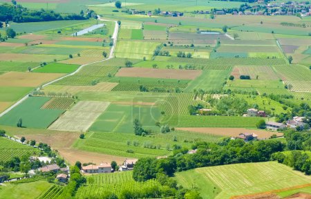 Téléchargez les photos : Vue aérienne des champs cultivés dans la plaine avec les champs divisés en rectangles - en image libre de droit
