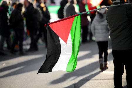 Palestine flag during a protest with many people in the city streets