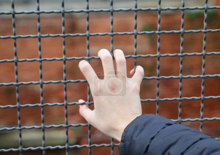 young person's hand on the metal border separation fence and the building wall intentionally blurred in the background