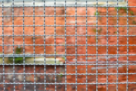 metallic border separation fence and the brick wall of the penitentiary out of focus in background