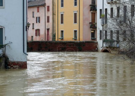 High level of the water of River called RETRONE in Vicenza City during flood and the old bridge called Ponte delle BARCHE