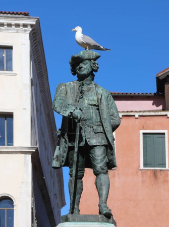 Photo for Venice, VE, Italy - February 13, 2024: statue of GOLDONI CARLO and a white seabird on the head - Royalty Free Image