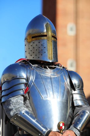 Photo for Knight in steel helmet and armor during a historical reenactment of the Crusades - Royalty Free Image