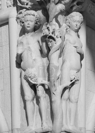 Photo for Venice, VE, Italy - February 13, 2024: Biblic figure of Adam and Eve in the corner of Ancient Ducal Palace - Royalty Free Image
