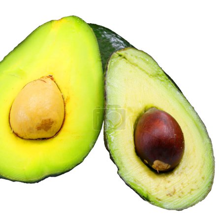 ripe green avocado with a large seed in the middle on white background