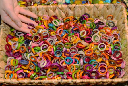 many colored rings created from the seed of Tagua plant also known as vegetable ivory and therefore eco-sustainable with