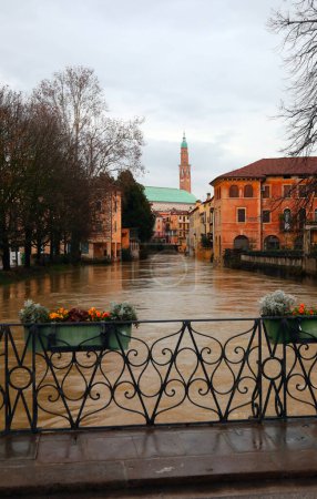 Flooding in Vicenza city in Northern Italy with the famous Palladian Basilica monument and River RETRONE
