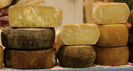 Comptoir de fromage bien approvisionné à la fromagerie avec du fromage pecorino ou du fromage vieilli italien typique