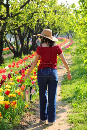 joven chica delgada camina con un cubo de metal lleno de flores recién recogidas Tulipán