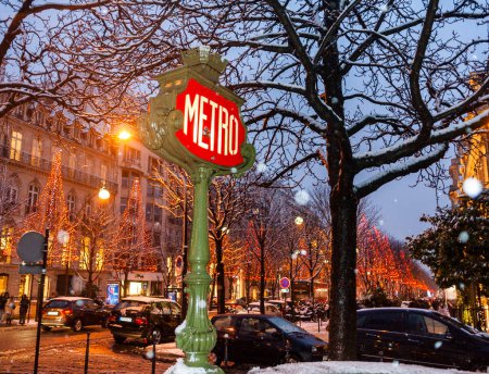 Photo for Paris, France, Old Metro sign on Street at night - Royalty Free Image