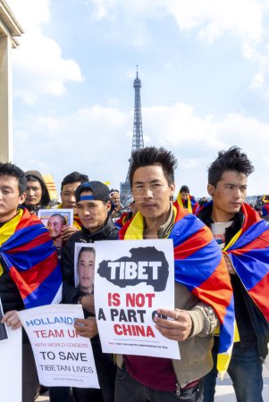 Photo for Paris, France, Large Group People, Tibetans, Holding Protest Signs, Protesting Against Chinese Government, Visit of Chinese President Xi , 2014 - Royalty Free Image