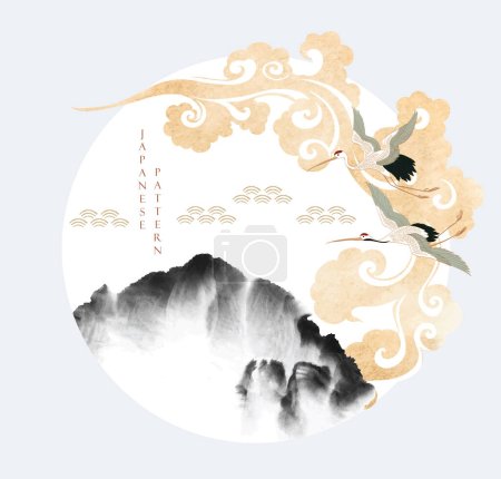 Ilustración de Fondo japonés con vector bosque de montaña. Diseño del logotipo de decoraciones en la nube china en estilo vintage. Grúa elemento pájaro con diseño de logotipo abstracto arte. Cepillo negro trazo acuarela textura objeto. - Imagen libre de derechos