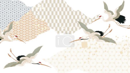 Ilustración de Paisaje abstracto con bandera vectorial de patrón de onda japonesa. Fondo de arte de la naturaleza con plantilla de tarjeta de invitación de aves grúa en estilo vintage. Icono tradicional asiático y diseño geométrico - Imagen libre de derechos
