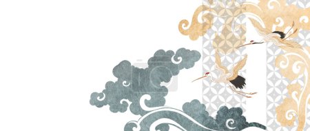 Illustration for Hand drawn chinese cloud with  Crane birds element vector. Oriental decoration with Flyer, banner or presentation in vintage style. Colorful watercolor texture with Japanese geometric pattern - Royalty Free Image
