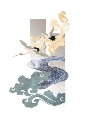 Illustration for Crane birds vector. Japanese background with hand drawn chinese cloud vector. Oriental natural pattern with ocean sea with colorful watercolor painting texture. - Royalty Free Image