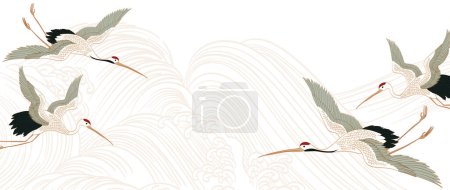 Illustration for Hand drawn wave element with Japanese pattern vector. Oriental gold line decoration with crane birds elemts flyer or presentation in vintage style. Ocean sea elements. Mountain landscape background - Royalty Free Image