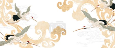 Illustration for Hand drawn chinese cloud with Japanese pattern vector. Oriental decoration with Crane birds element. Flyer, banner or presentation in vintage style. Watercolor texture with geometric icons - Royalty Free Image