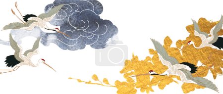 Illustration for Oriental decoration with Crane birds element. Hand drawn chinese cloud with gold cherry blossom vector.  Flyer, banner or presentation in vintage style. Watercolor texture with geometric icons - Royalty Free Image