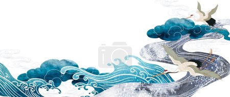 Illustration for Hand drawn chinese cloud with Japanese pattern vector. Oriental decoration with Crane birds element. Flyer, banner or presentation in vintage style. Watercolor texture with geometric icons - Royalty Free Image