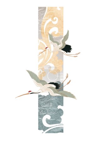 Illustration for Crane birds vector.Chinese cloud pattern element in Japanese style background. Watercolor texture with Oriental natural wave pattern with Geometric pattern - Royalty Free Image