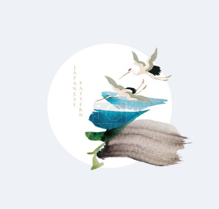 Aves grúa elemento con diseño de banner abstracto arte. Fondo japonés con cepillo vector textura trazo. Ola dibujada a mano decoración de nubes chinas logotipo e icono en estilo vintage. 