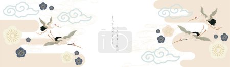 Ilustración de Grúa vector de decoración de aves. Fondo japonés con vector icono de cerezo blosson. Decoraciones de nubes chinas de olas dibujadas a mano en estilo vintage. Arte diseño de banner abstracto. - Imagen libre de derechos