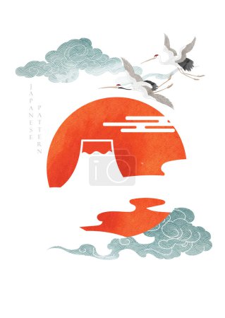 Téléchargez les illustrations : Décorations nuageuses chinoises avec texture aquarelle bleue dans un style vintage. Art abstrait paysage avec soleil rouge avec des éléments d'oiseaux de grue - en licence libre de droit