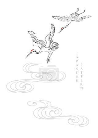 Crane birds with hand drawn wave. Japanese background with brush stroke watercolor texture vector. Chinese painting texture wave pattern illustration in vintage style. 