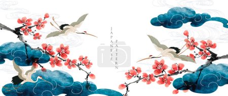 Kranichvogel-Vektor. Japanischer Hintergrund mit Textur der Aquarellmalerei. Orientalisches natürliches chinesisches Wolkenmuster mit Banner im Vintage-Stil. Kirschblüten florales Musterelement
