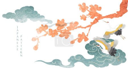Téléchargez les illustrations : Décorations nuageuses chinoises avec texture aquarelle bleue dans un style vintage. Art abstrait paysage avec branche de fleur de cerisier avec grue oiseaux décoration dans le style japonais. - en licence libre de droit