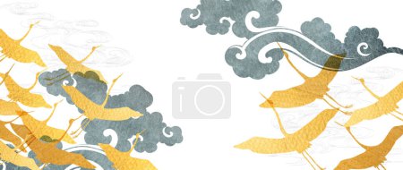 Téléchargez les illustrations : Fond japonais avec grue oiseaux silhouette or texture vecteur. Décorations nuageuses chinoises dessinées à la main dans un style vintage. Aquarelle avec design abstrait de bannière d'art - en licence libre de droit